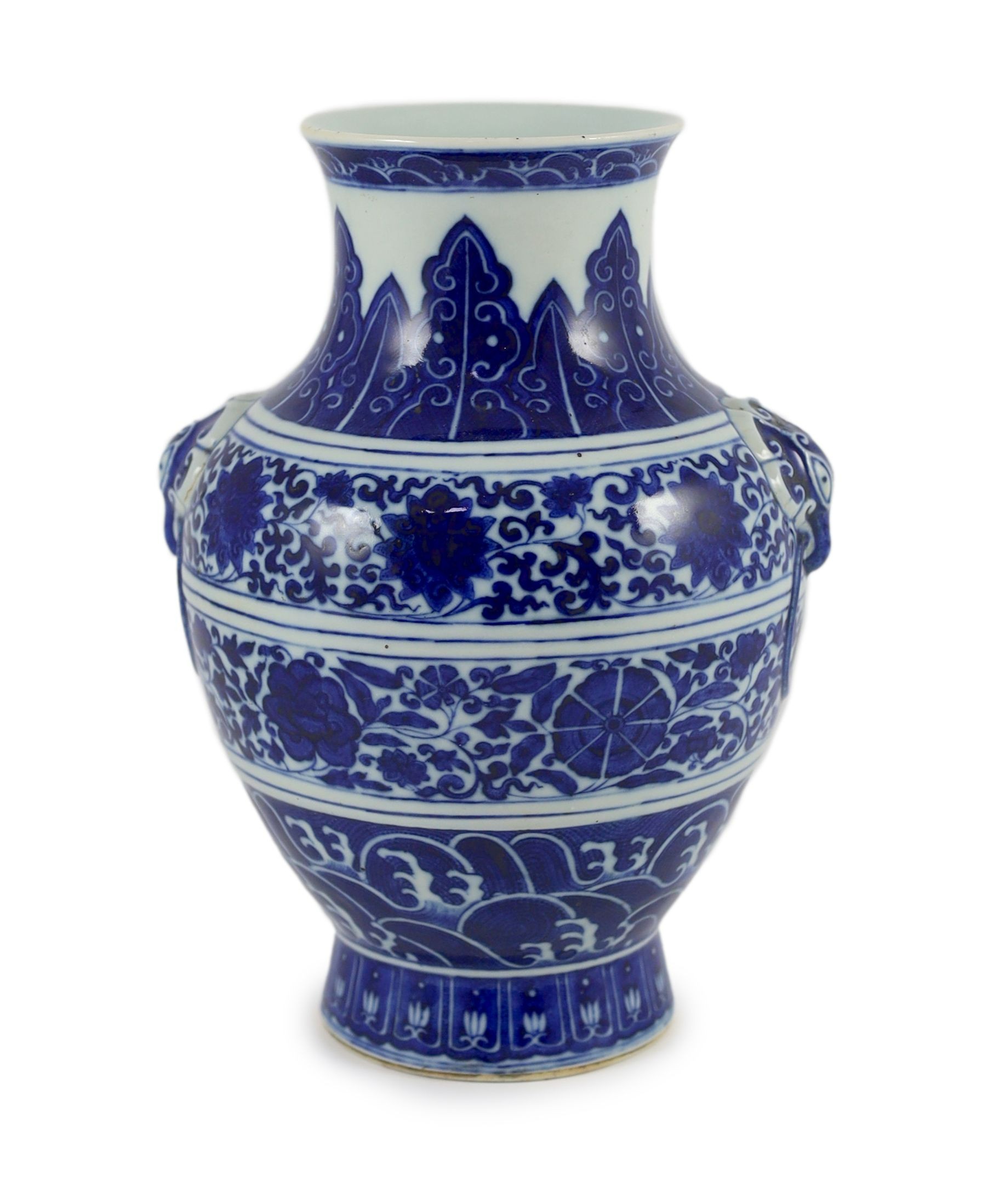 A Chinese archaistic blue and white vase, hu, Qianlong seal script mark but 19th century, 25cm high